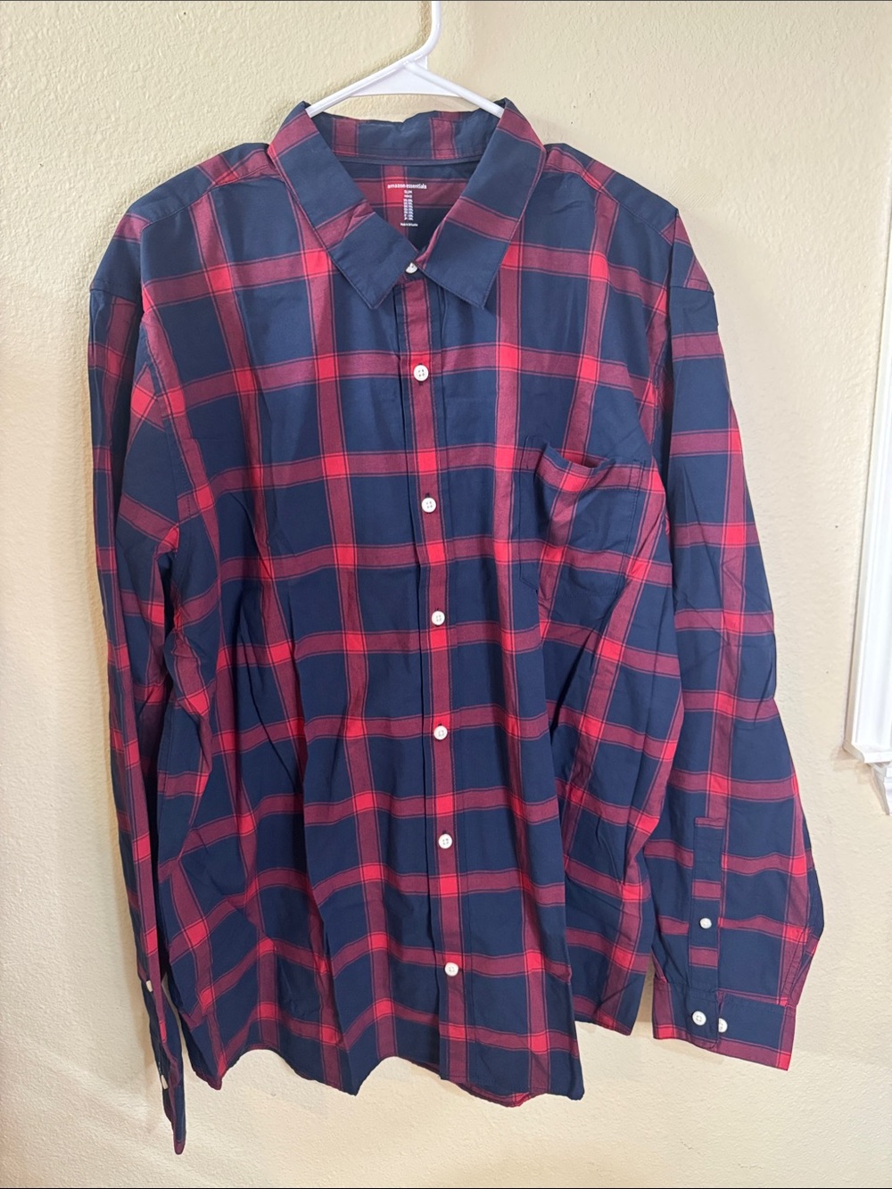 Amazon Essentials Navy and Red Plaid Long-Sleeve Button-Down Shirt